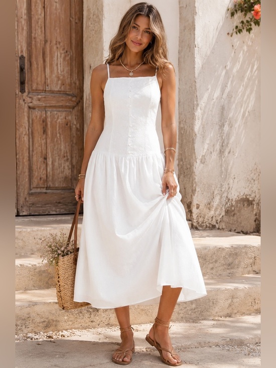 wild fable Dresses & Skirts - White High Neck Dropped Waist Midi A-Line Dress | Cottagecore Boho
